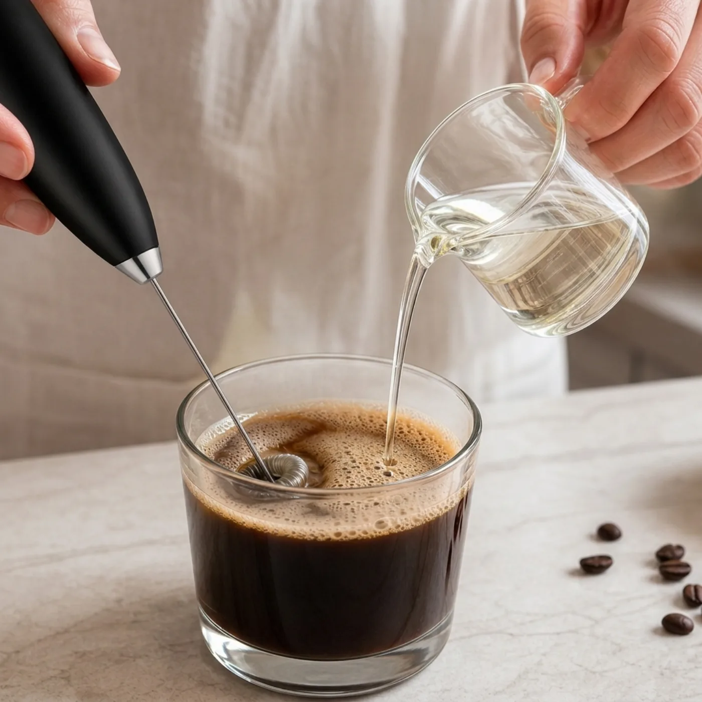 コーヒーに泡立て器でMCTオイルを混ぜている手元の写真